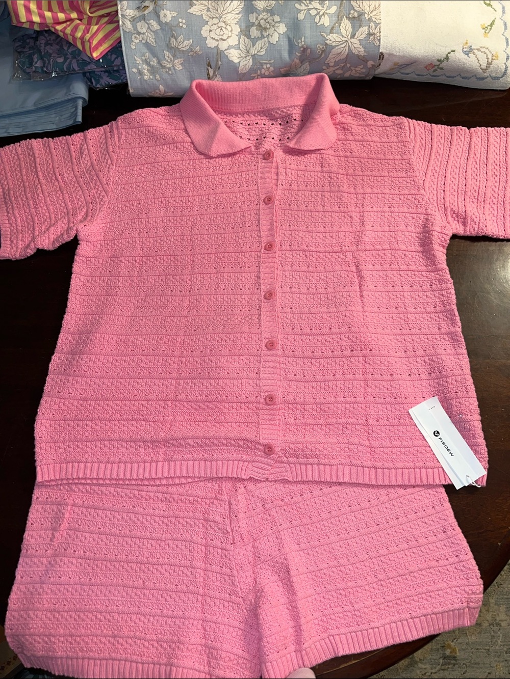 Pink Knit Polo Button-Up Top and Shorts Set - Brand: